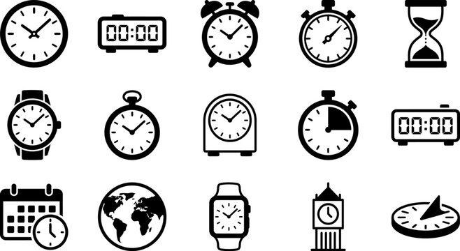Collection of various timekeeping devices and clock icons featuring analog digital watches stopwatches hourglasses and calendars in black style