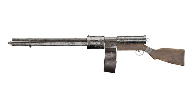 3d rendering rotary cannon with metal body and wooden stock