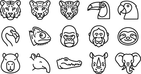 Naklejka premium Set of fifteen simple line art animal face icons featuring wild creatures from the jungle and savanna habitats