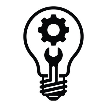 Black and white light bulb with gear and wrench for innovative maintenance and technical solution