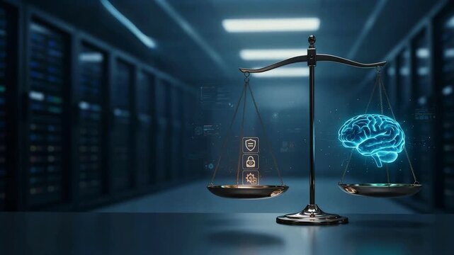 Conceptual image of a balanced scale weighing cybersecurity data protection icons against a glowing human brain hologram inside a high-tech data center server room.
