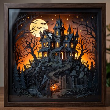 Generative AI illustration simulating an intricate 3D shadowbox layered papercut design of a haunted house lit by warm LEDs.
