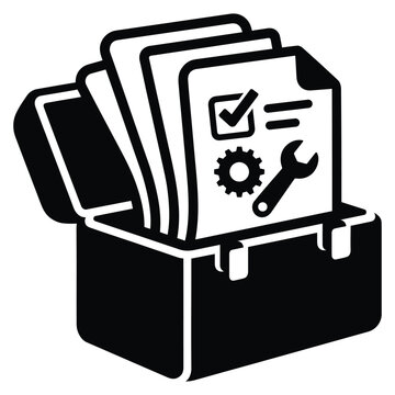 Black and white toolbox with maintenance checklist documents gear and wrench icons for service