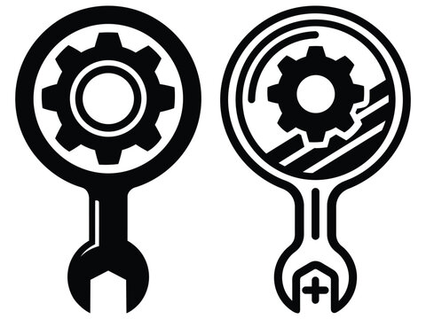 Black and white wrench and gear icons inside key shape for maintenance search and inspection tools