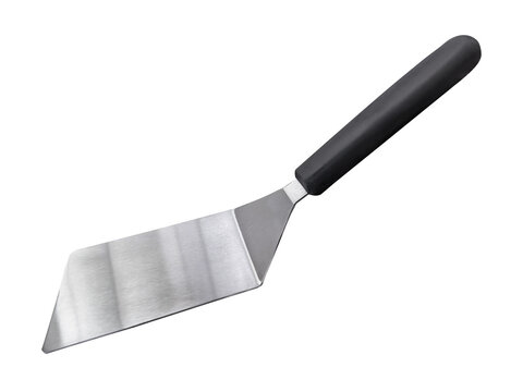 Angled stainless steel hamburger turner and kitchen spatula with an ergonomic black plastic handle, isolated on white clippinh path. Culinary tool for grilling, flipping burgers, and serving food.