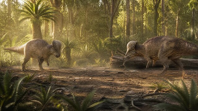 Two Pachycephalosaurus Facing Off in Prehistoric Forest