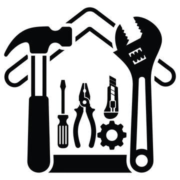 Black and white house shape with hammer wrench screwdriver pliers and gear for home repair tools