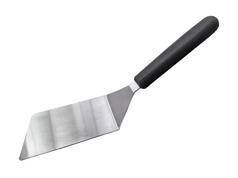 Angled stainless steel hamburger turner and kitchen spatula with an ergonomic black plastic handle, isolated. Culinary tool for grilling, flipping burgers, and serving food.