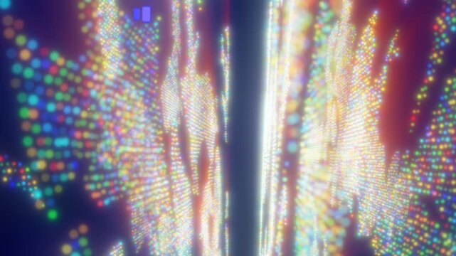 Multicolored glowing dots form layered digital waves