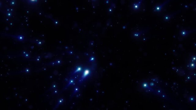 Glowing blue and cyan stars scattered across a dark cosmic background