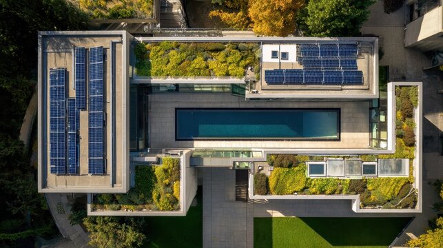 Sustainable modern house roof featuring lush green rooftop gardens and integrated solar panel installations with swimming pool.