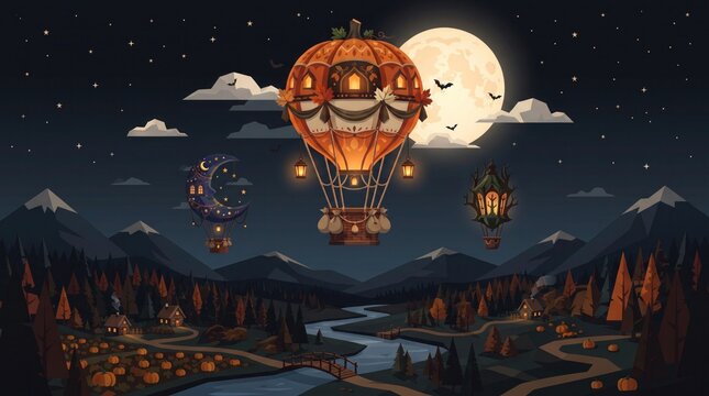 Ethereal halloween hot air balloon nightscape