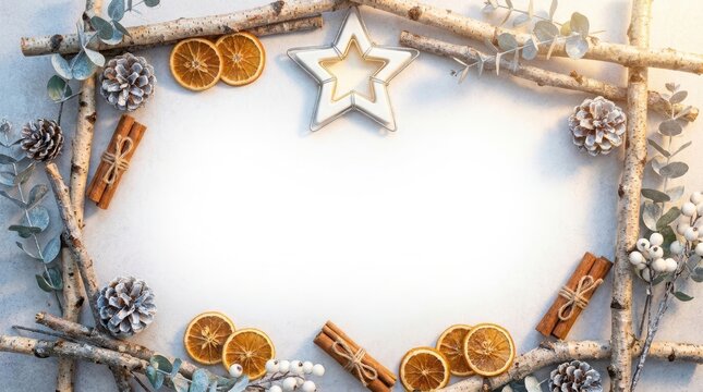 Christmas frame made of birch branches, pine cones, cinnamon sticks, dried orange slices and eucalyptus leaves