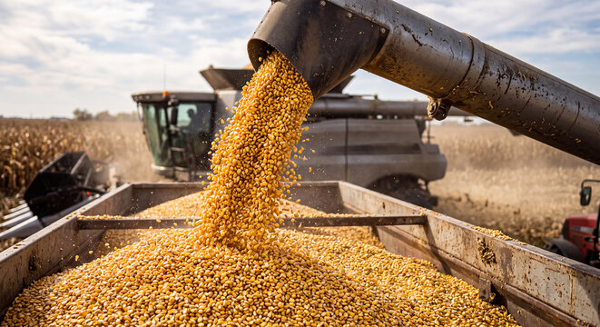 combine harvester working on corn field