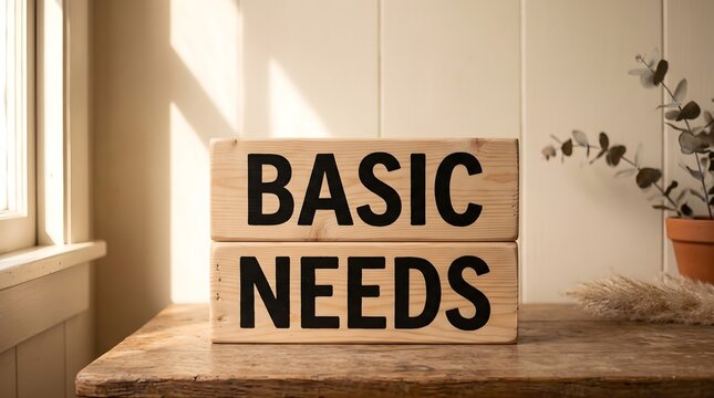 Wooden blocks spelling basic needs on a rustic table near a sunny window