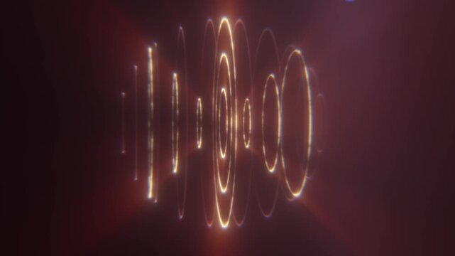 Floating golden concentric rings form a luminous abstract energy waveform