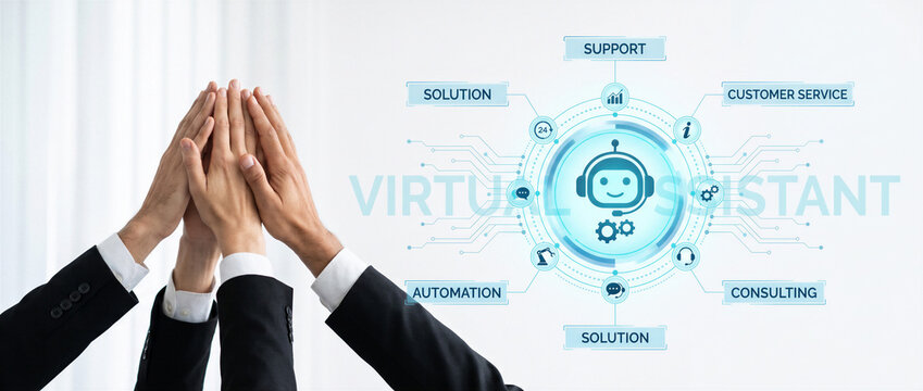 Business team celebrating collaboration beside virtual assistant chatbot interface for automated customer support, consulting, digital solutions and service technology.