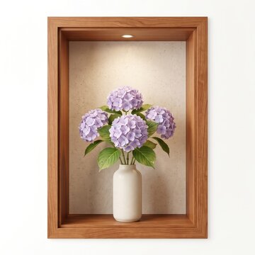 Beautiful bouquet of white hydrangea flowers in a ceramic vase inside a wooden wall frame isolated on white background