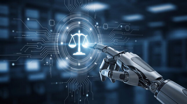 Robotic hand interacting with digital scales of justice interface representing artificial intelligence ethics, legal technology, regulation, fairness and automated governance.
