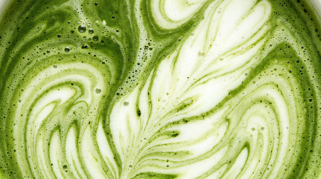 Macro close up of creamy matcha green tea latte with swirling milk foam, bubbles and marbled texture creating an abstract organic beverage background.
