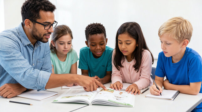 Male elementary school teacher guiding a diverse group of children through a textbook lesson at a classroom table while students read, write and learn together.