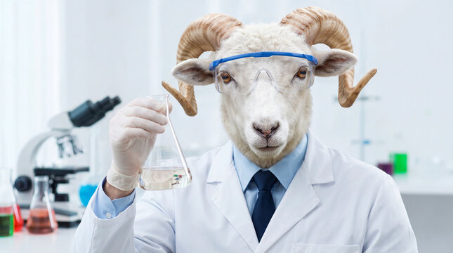 Anthropomorphic ram scientist wearing safety goggles and laboratory coat while holding a glass flask during a surreal chemistry experiment in a modern research laboratory.