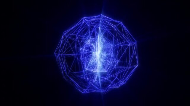 Glowing blue wireframe sphere with interconnected geometric lines