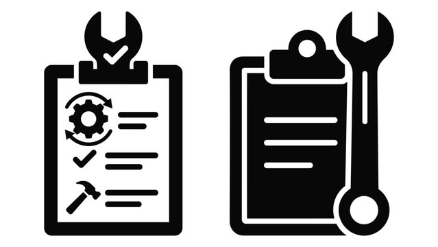 Black and white clipboard with wrench gear hammer icons for maintenance checklist and repair service