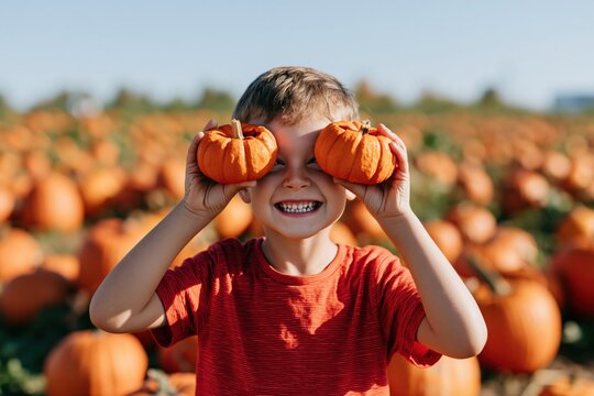 Happy boy holding small pumpkins over his eyes in a pumpkin patch for fall banner background and harvest poster design