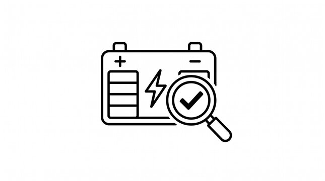 Battery diagnostic check icon with magnifying glass for professional electric vehicle inspections.