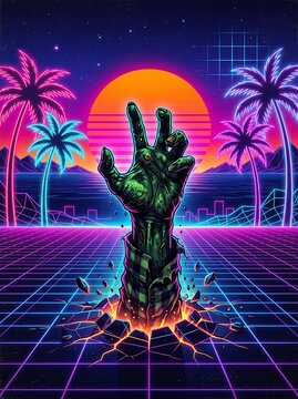 Synthwave Retro 80s Vaporwave Zombie Hand Rising