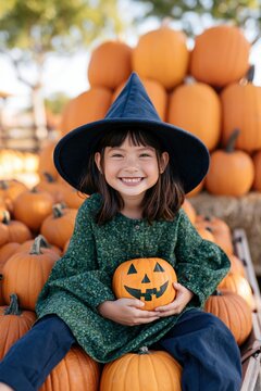 Happy girl in a witch hat holding a carved pumpkin among stacked pumpkins at a pumpkin patch for halloween poster and seasonal background