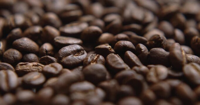Close up macro coffee beans detailed roasted grains texture bokeh