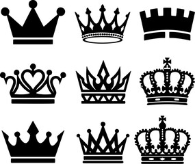 Crown silhouette set, royal tiara icons, monarch and king crown collection © metakritik