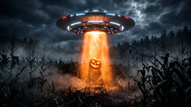 Generative AI cinematic sci-fi crossover image depicting a glowing UFO beaming up a jack-o'-lantern from a misty cornfield.