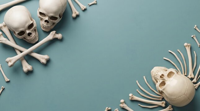 Top view of human skulls and scattered bones arranged as a frame on a dark green background