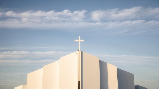 A minimalist symmetrical view of a modern white church building facade with a simple cross on top, standing serene under a soft blue sky with linear cloud patterns.