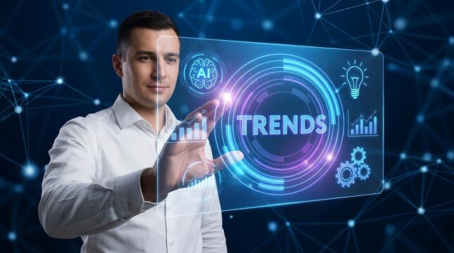 Businessman touching holographic interface showing trends and business data