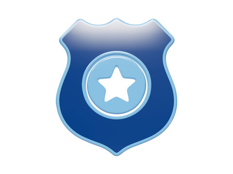 Glossy blue police shield badge icon featuring a central five pointed star symbol with beveled edges and shiny surface isolated on a transparent background