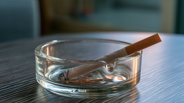 A clear glass ashtray rests on a dark wood-grain table, holding an unlit cigarette lying across it.