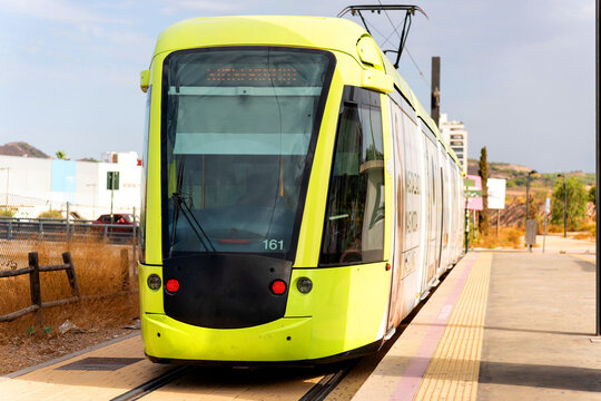 Murcia tram arriving at station, offering sustainable urban transport in spain