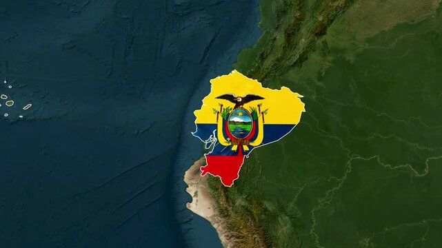 Ecuador national map overlay animation with bright country flag footage