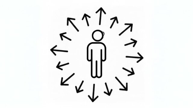 Animated Stick Figure Surrounded by Direction Arrows Confusion Concept