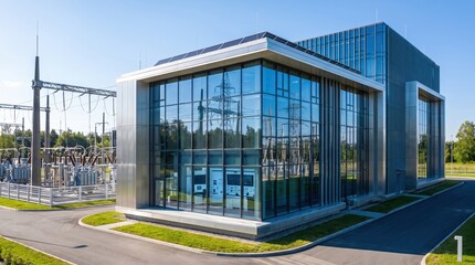 Naklejka premium Modern Electrical Substation with Glass Control Building and Power Infrastructure