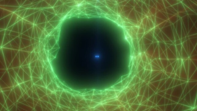 Glowing green wireframe network forms a circular futuristic portal