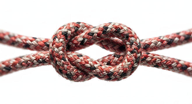 Square knot tied with red and black patterned climbing rope on white background.