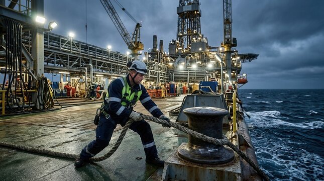 Offshore oil rig worker pulling heavy rope on deck at dusk, rough sea and dramatic sky, industrial energy industry