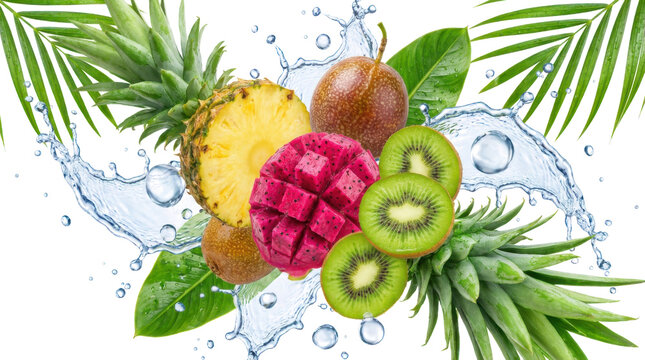 Exotic tropical fruits composition featuring sliced pineapple pitaya kiwi passion fruit green palm leaves and dynamic splashing water drops creating a refreshing summer feel