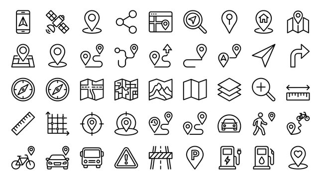 Modern GPS Map and Location Line Icon Collection with Navigation Route Tracking Direction and Travel Symbols for Web and Apps