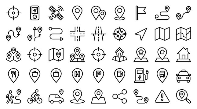 Editable GPS Navigation and Geolocation Outline Icons for Maps Routes Addresses Travel Tracking and Digital Interface Design